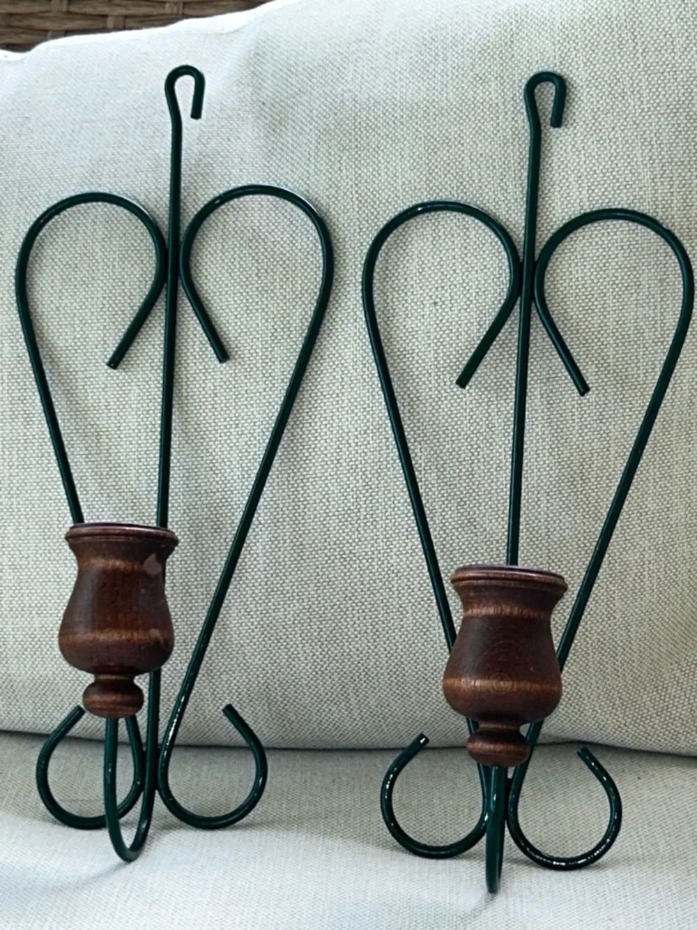 Vintage Style Green Metal & Wood Wall Candle Holders - Set of 2